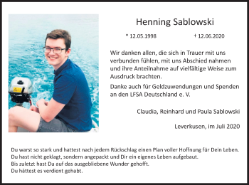 Anzeige von Henning Sablowski von Kölner Stadt-Anzeiger / Kölnische Rundschau / Express