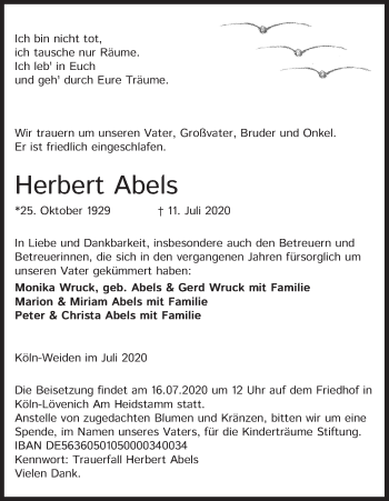 Anzeige von Herbert Abels von Kölner Stadt-Anzeiger / Kölnische Rundschau / Express