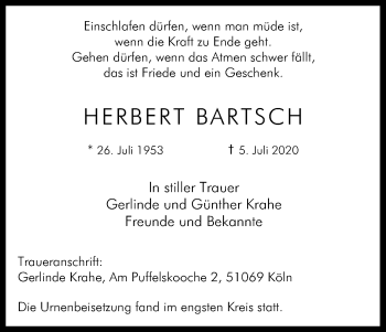Anzeige von Herbert Bartsch von Kölner Stadt-Anzeiger / Kölnische Rundschau / Express