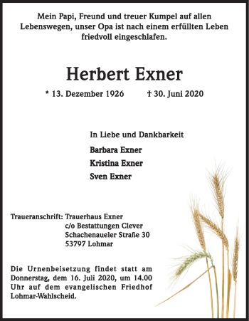 Anzeige von Herbert Exner von Kölner Stadt-Anzeiger / Kölnische Rundschau / Express