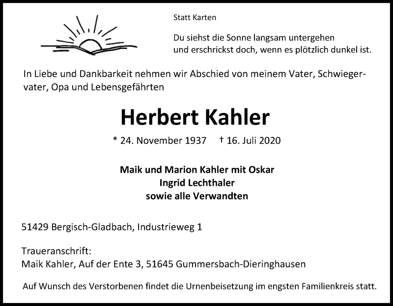  Traueranzeige für Herbert Kahler vom 22.07.2020 aus Kölner Stadt-Anzeiger / Kölnische Rundschau / Express