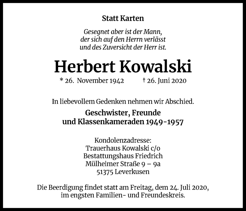  Traueranzeige für Herbert Kowalski vom 22.07.2020 aus Kölner Stadt-Anzeiger / Kölnische Rundschau / Express