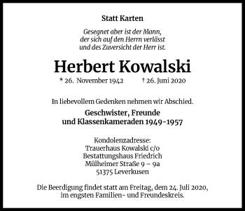 Anzeige von Herbert Kowalski von Kölner Stadt-Anzeiger / Kölnische Rundschau / Express