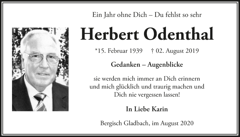  Traueranzeige für Herbert Odenthal vom 31.07.2020 aus  Bergisches Handelsblatt 