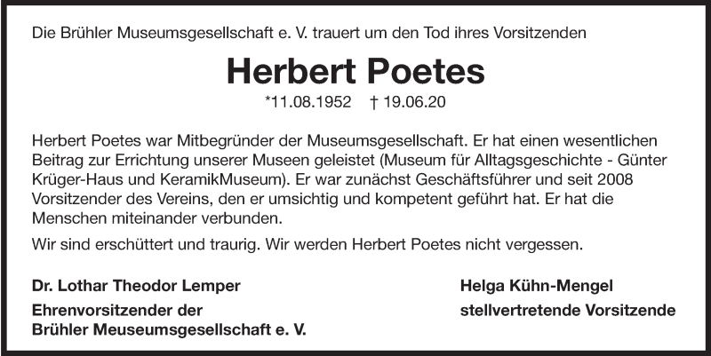  Traueranzeige für Herbert Poëtes vom 03.07.2020 aus  Schlossbote/Werbekurier 