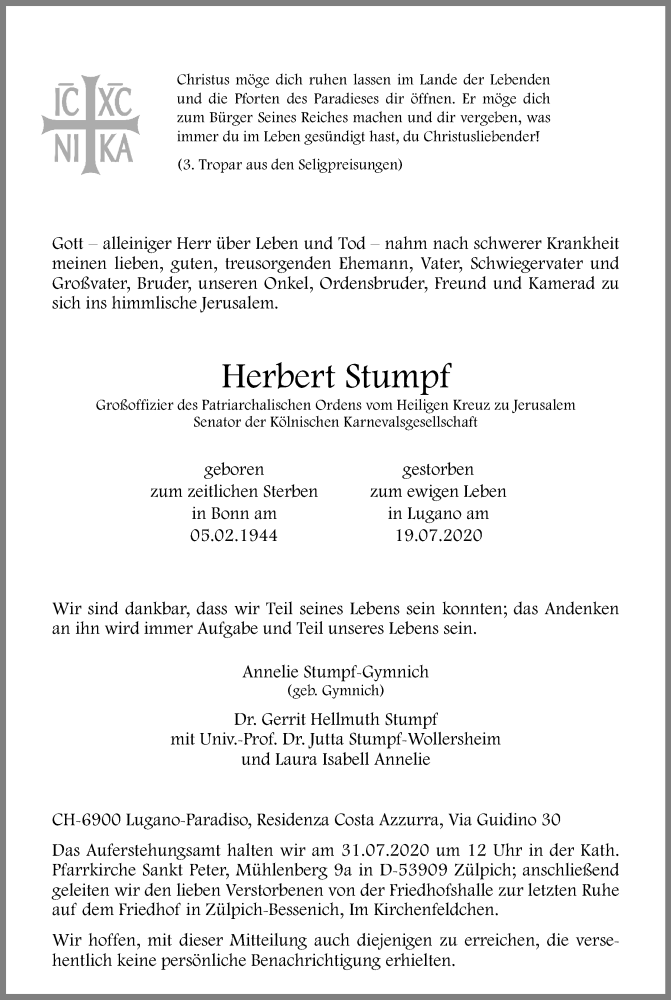  Traueranzeige für Herbert Stumpf vom 27.07.2020 aus Kölner Stadt-Anzeiger / Kölnische Rundschau / Express
