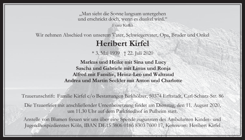  Traueranzeige für Heribert Kirfel vom 31.07.2020 aus  Wochenende 