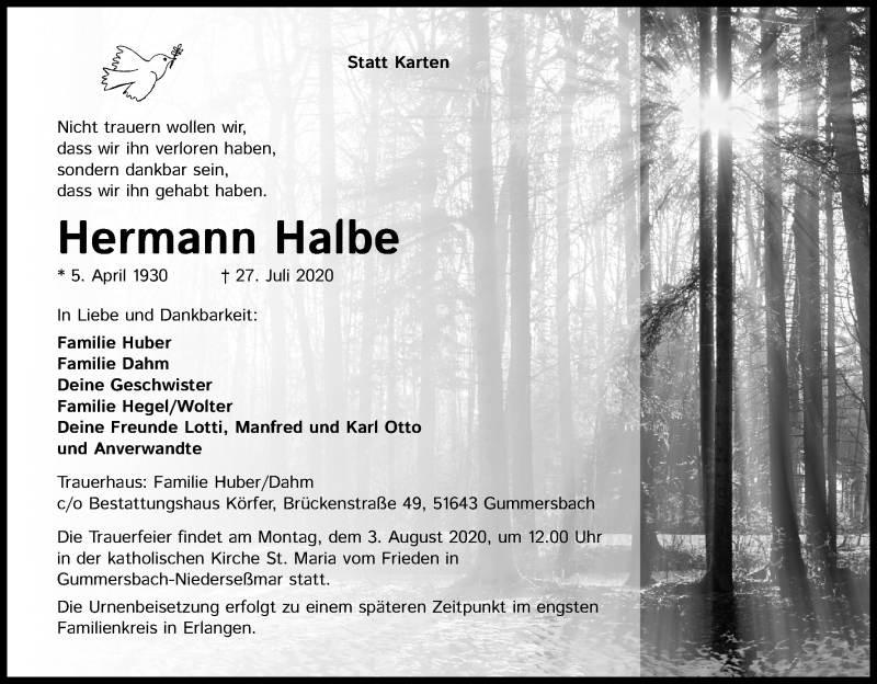  Traueranzeige für Hermann Halbe vom 30.07.2020 aus Kölner Stadt-Anzeiger / Kölnische Rundschau / Express