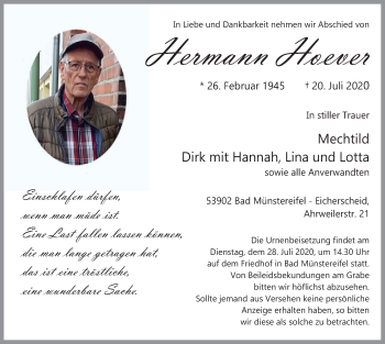 Anzeige von Hermann Hoever von  Blickpunkt Euskirchen 