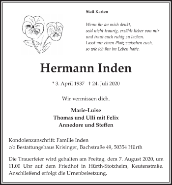 Anzeige von Hermann Inden von  Wochenende 