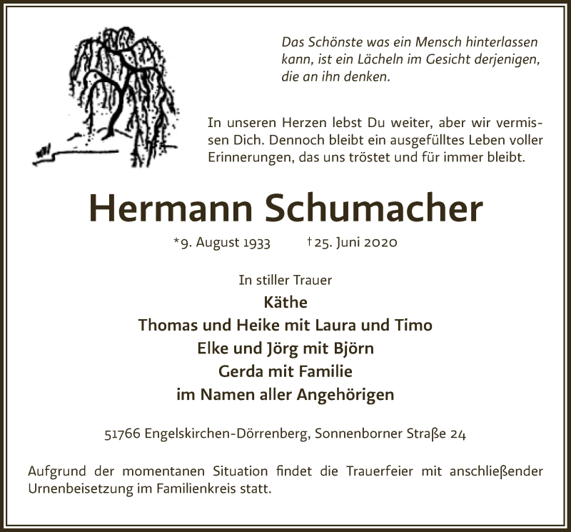  Traueranzeige für Hermann Schumacher vom 03.07.2020 aus  Anzeigen Echo 