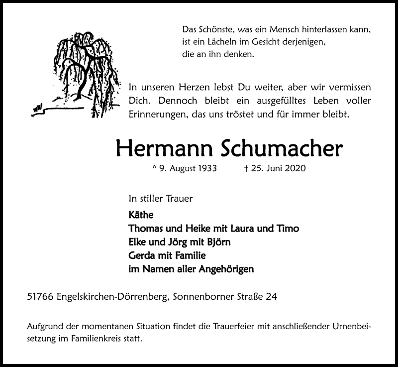  Traueranzeige für Hermann Schumacher vom 04.07.2020 aus Kölner Stadt-Anzeiger / Kölnische Rundschau / Express