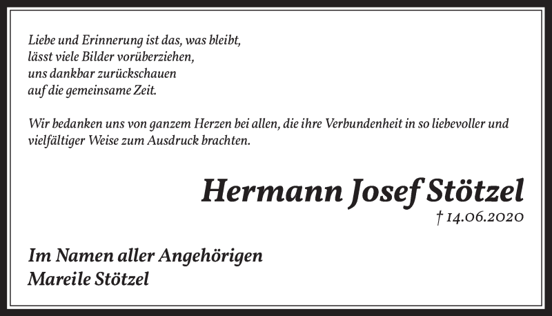  Traueranzeige für Hermann Josef Stötzel vom 31.07.2020 aus  Wochenende 