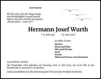 Anzeige von Hermann Josef Wurth von Kölner Stadt-Anzeiger / Kölnische Rundschau / Express