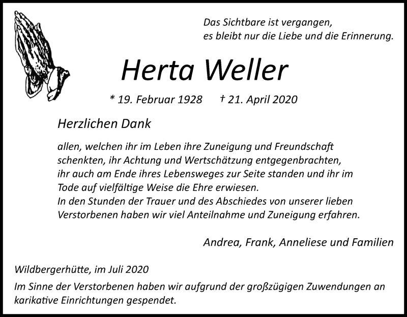  Traueranzeige für Herta Weller vom 03.07.2020 aus Kölner Stadt-Anzeiger / Kölnische Rundschau / Express