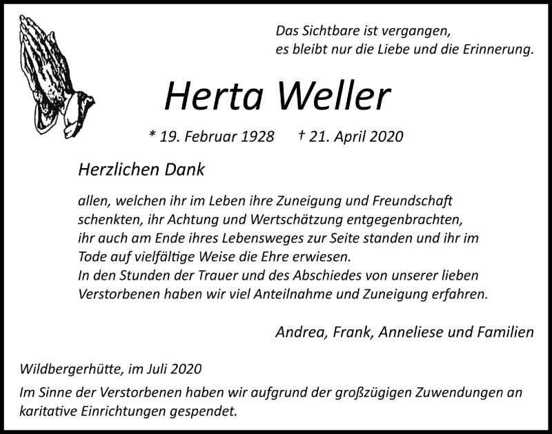  Traueranzeige für Herta Weller vom 03.07.2020 aus  Lokalanzeiger 