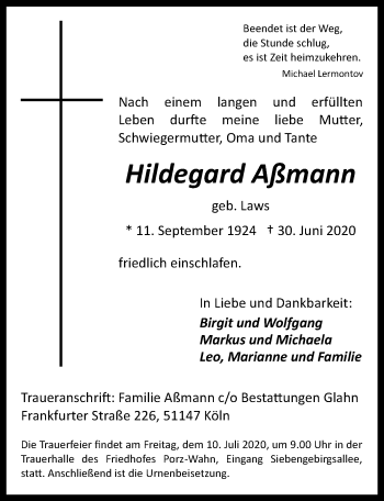 Anzeige von Hildegard Aßmann von  Kölner Wochenspiegel 