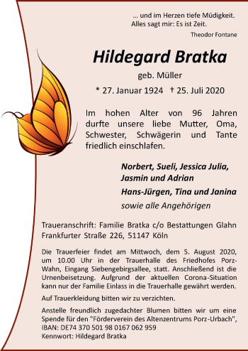 Anzeige von Hildegard Bratka von  Kölner Wochenspiegel 
