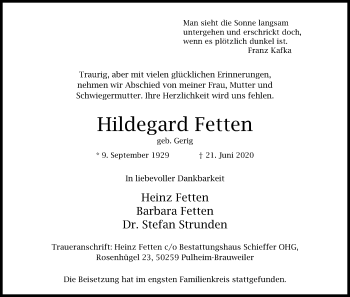 Anzeige von Hildegard Fetten von Kölner Stadt-Anzeiger / Kölnische Rundschau / Express