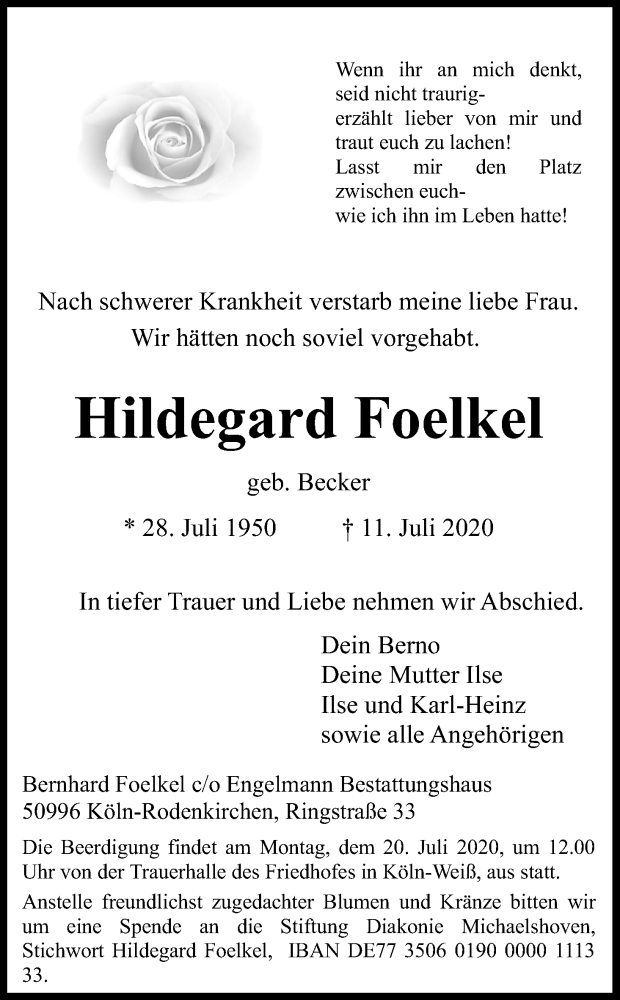  Traueranzeige für Hildegard Foelkel vom 18.07.2020 aus Kölner Stadt-Anzeiger / Kölnische Rundschau / Express