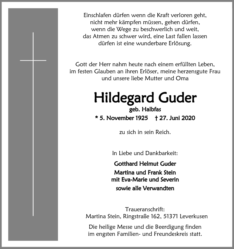  Traueranzeige für Hildegard Guder vom 02.07.2020 aus Kölner Stadt-Anzeiger / Kölnische Rundschau / Express