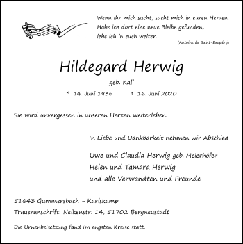 Anzeige von Hildegard Herwig von  Anzeigen Echo 