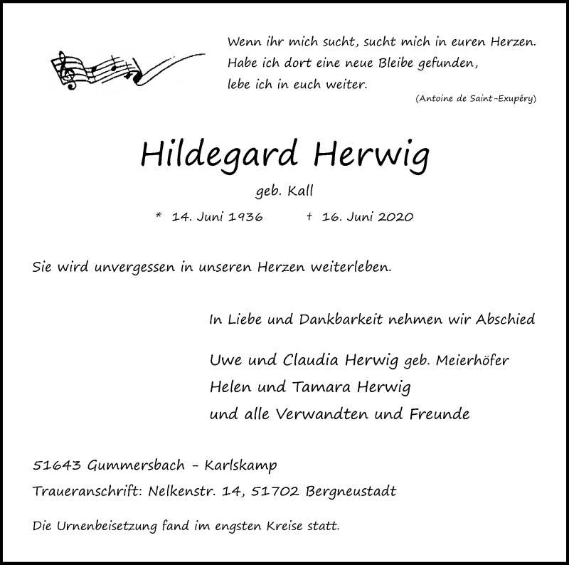  Traueranzeige für Hildegard Herwig vom 04.07.2020 aus Kölner Stadt-Anzeiger / Kölnische Rundschau / Express