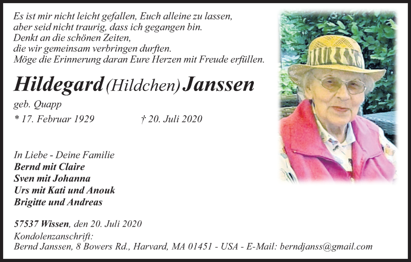  Traueranzeige für Hildegard  Janssen vom 24.07.2020 aus Kölner Stadt-Anzeiger / Kölnische Rundschau / Express