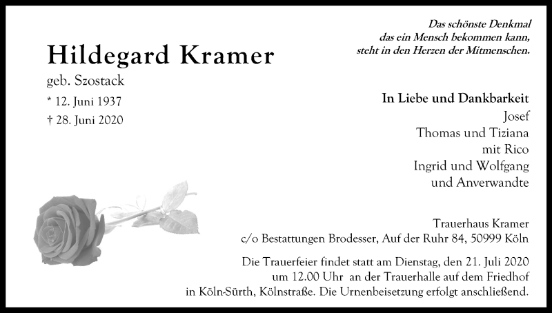  Traueranzeige für Hildegard Kramer vom 11.07.2020 aus Kölner Stadt-Anzeiger / Kölnische Rundschau / Express