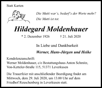 Anzeige von Hildegard Moldenhauer von Kölner Stadt-Anzeiger / Kölnische Rundschau / Express