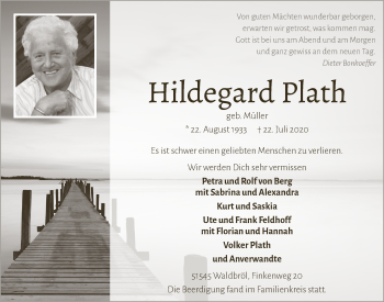Anzeige von Hildegard Plath von  Lokalanzeiger 