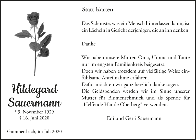  Traueranzeige für Hildegard Sauermann vom 31.07.2020 aus  Anzeigen Echo 