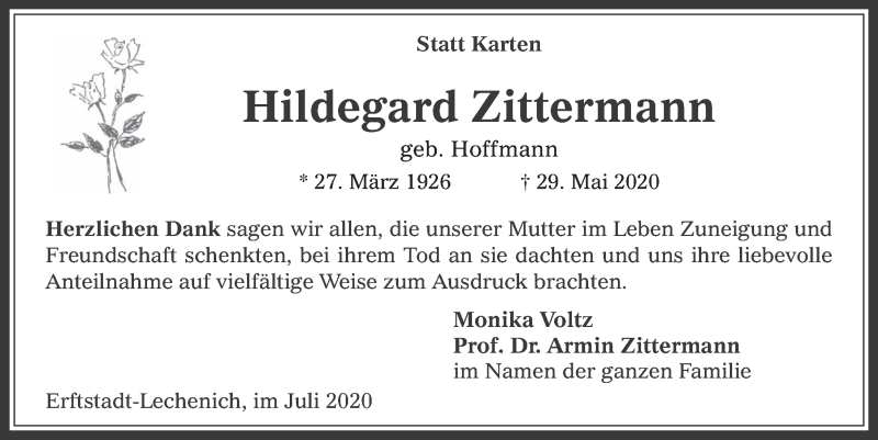  Traueranzeige für Hildegard Zittermann vom 03.07.2020 aus  Werbepost 