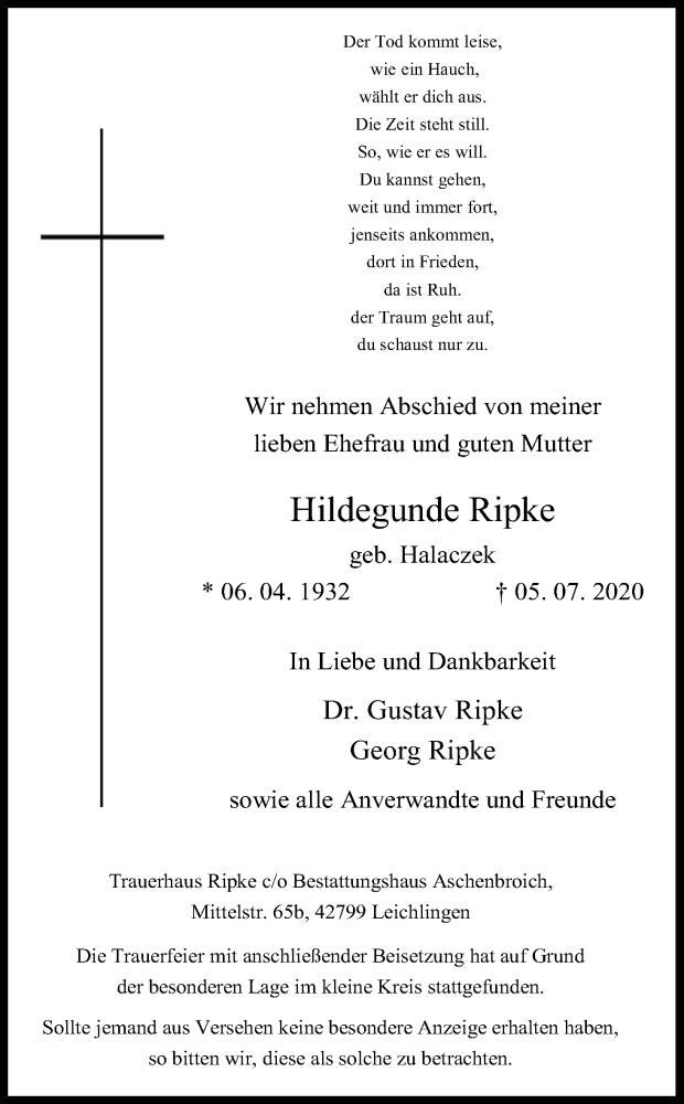  Traueranzeige für Hildegunde Ripke vom 15.07.2020 aus Kölner Stadt-Anzeiger / Kölnische Rundschau / Express