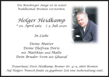 Anzeige von Holger Heidkamp von Kölner Stadt-Anzeiger / Kölnische Rundschau / Express