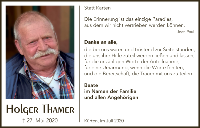 Traueranzeige für Holger Thamer vom 10.07.2020 aus  Bergisches Handelsblatt 