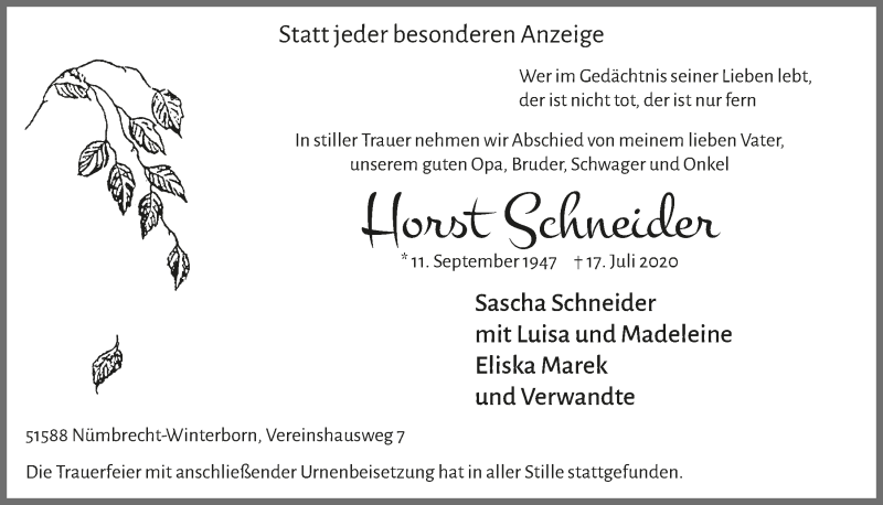  Traueranzeige für Horst Schneider vom 24.07.2020 aus  Lokalanzeiger 
