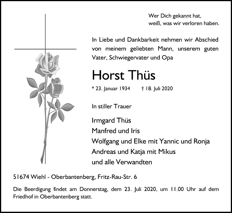  Traueranzeige für Horst Thüs vom 21.07.2020 aus Kölner Stadt-Anzeiger / Kölnische Rundschau / Express