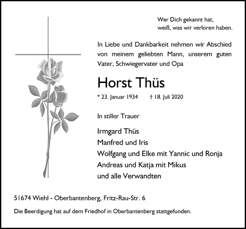  Traueranzeige für Horst Thüs vom 24.07.2020 aus  Anzeigen Echo 