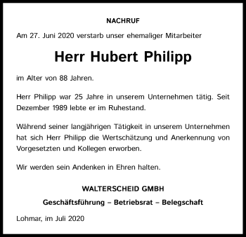 Anzeige von Hubert Philipp von Kölner Stadt-Anzeiger / Kölnische Rundschau / Express
