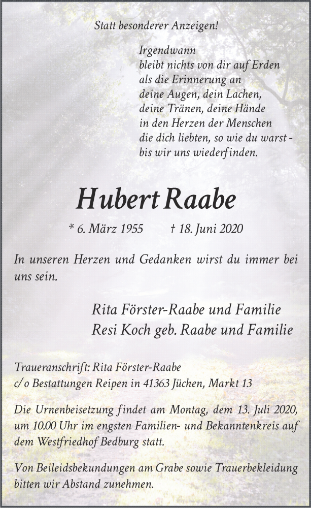  Traueranzeige für Hubert Raabe vom 10.07.2020 aus  Werbepost 