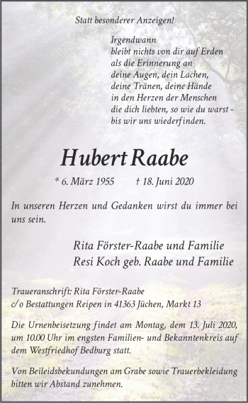 Anzeige von Hubert Raabe von  Werbepost 