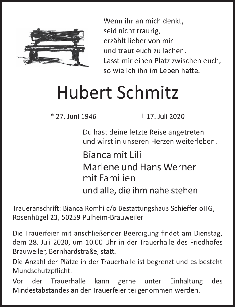  Traueranzeige für Hubert Schmitz vom 24.07.2020 aus  Wochenende 