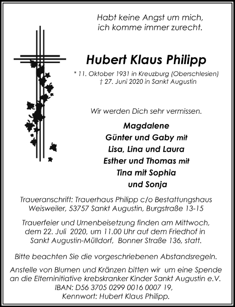  Traueranzeige für Hubert Klazs Philipp vom 10.07.2020 aus  Extra Blatt 