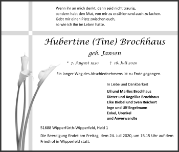 Anzeige von Hubertine Brochhaus von Kölner Stadt-Anzeiger / Kölnische Rundschau / Express