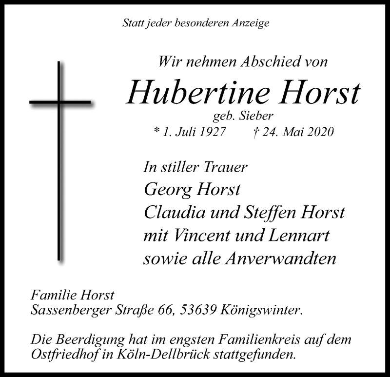  Traueranzeige für Hubertine Horst vom 04.07.2020 aus Kölner Stadt-Anzeiger / Kölnische Rundschau / Express