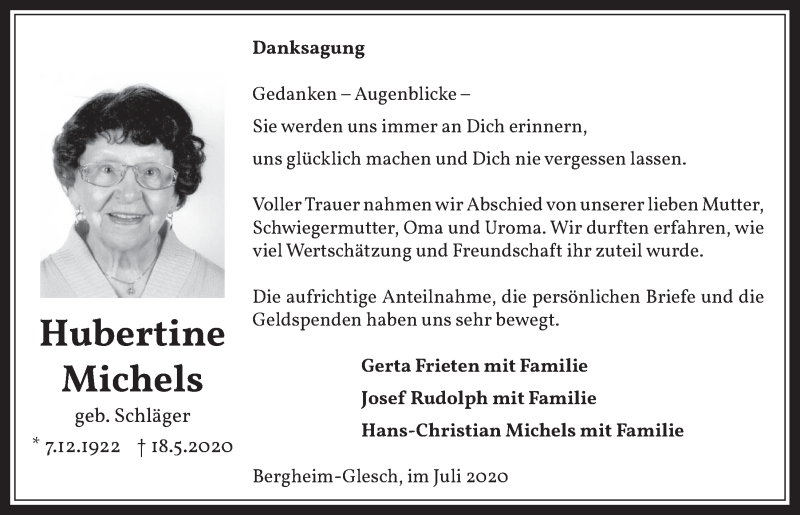  Traueranzeige für Hubertine Michels vom 10.07.2020 aus  Werbepost 
