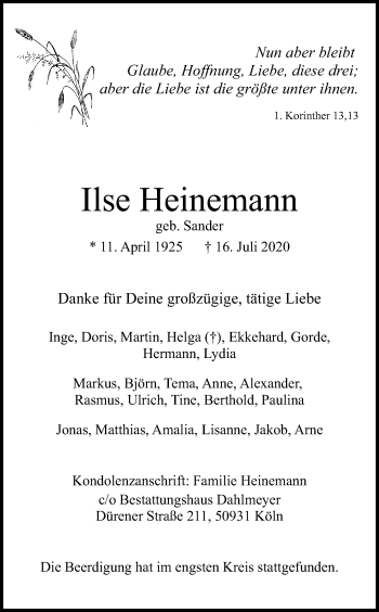Anzeige von Ilse Heinemann von Kölner Stadt-Anzeiger / Kölnische Rundschau / Express
