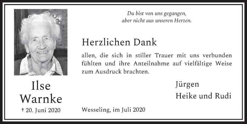  Traueranzeige für Ilse Warnke vom 31.07.2020 aus  Schlossbote/Werbekurier 