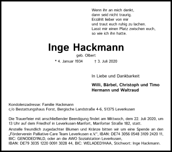 Anzeige von Inge Hackmann von Kölner Stadt-Anzeiger / Kölnische Rundschau / Express